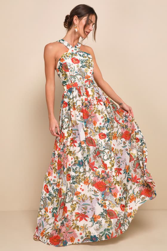 Vestido Longo Lilja Creme - Com Estampa Floral Elegante