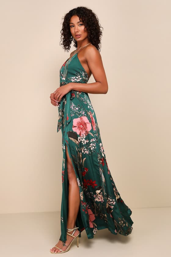 Vestido Longo Verde Esmeralda - De Cetim com Estampa Floral Elegante