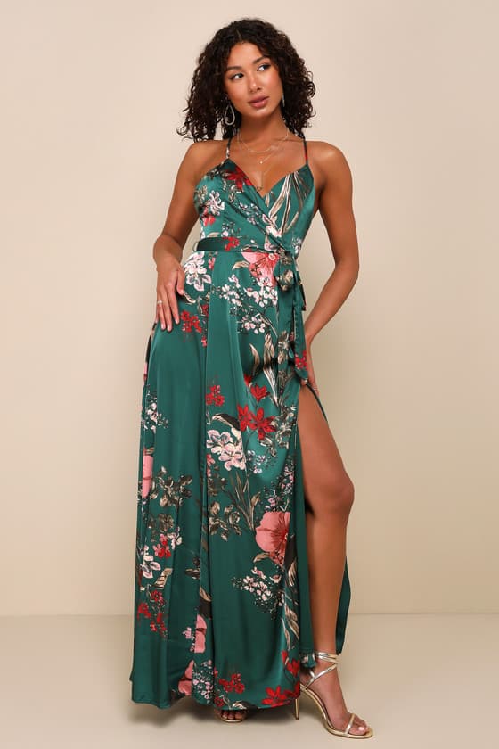 Vestido Longo Verde Esmeralda - De Cetim com Estampa Floral Elegante